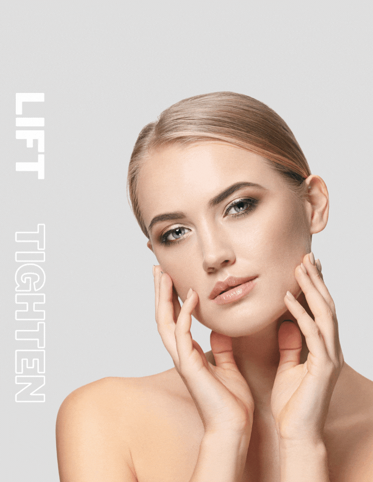 Beautiful woman with lifted skin after non-surgical facelift with NeoGen plasma treatment at Wellife. Text on graphic says Lift & Tighten.